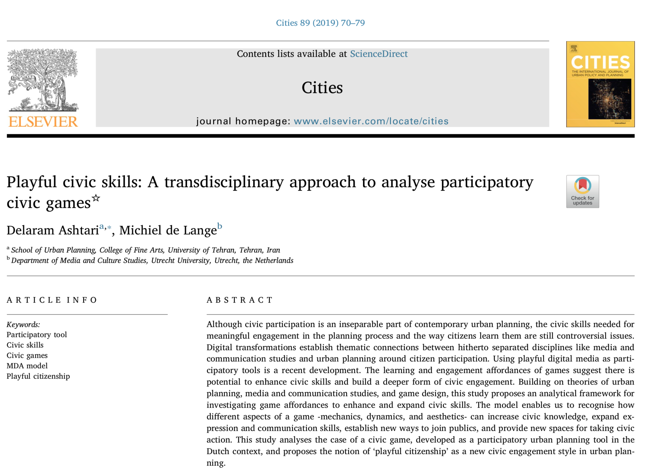 New journal article “Playful civic skills: A transdisciplinary approach to analyse participatory civic games”